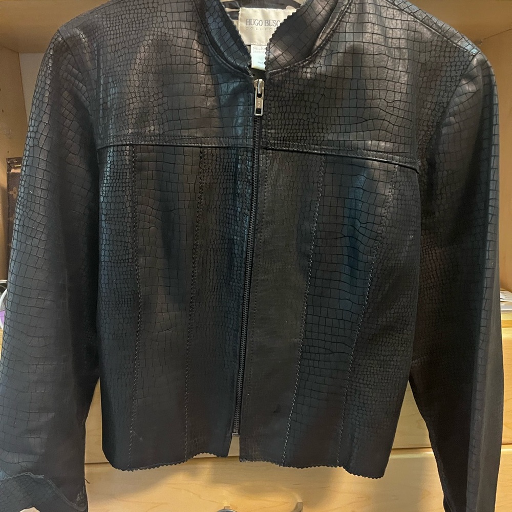 Hugo Buscati Black Croc-Embossed Leather Bomber Zebra Lining